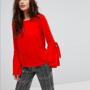 Red Fluted Sleeve Tie Top